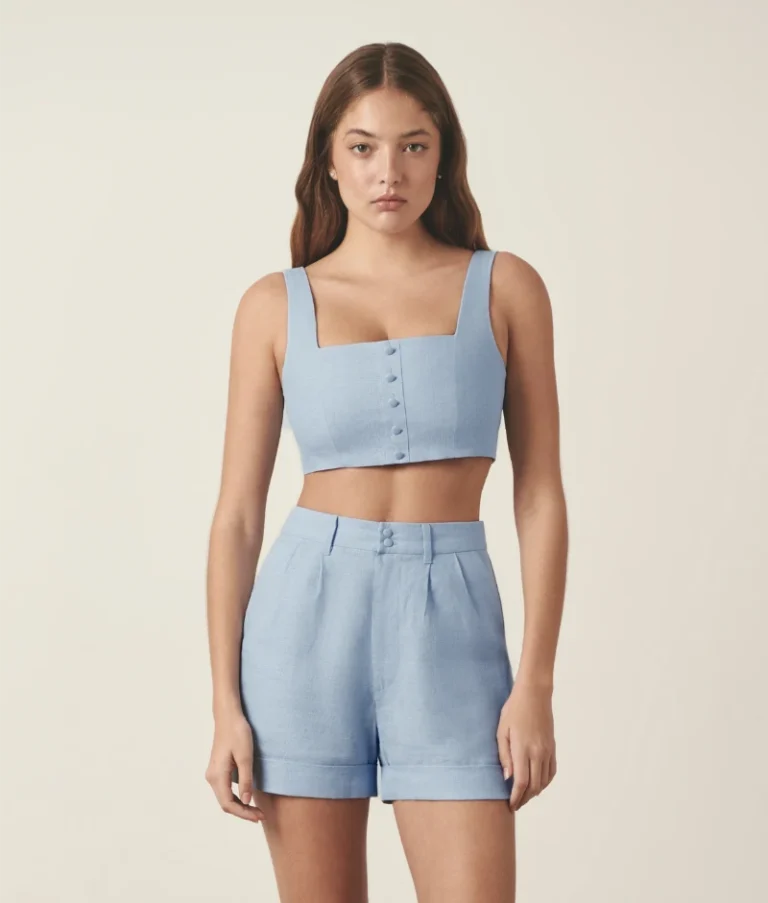 Blue linen high waisted short crafted from single-fabric linen construction.